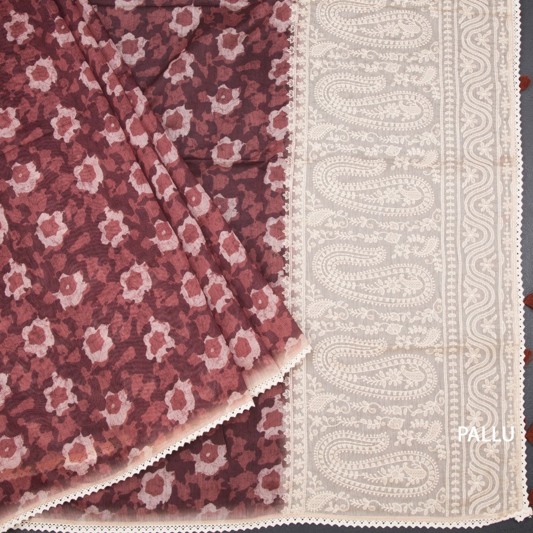 Semi Linen Maroon Printed Saree And Thread Pallu