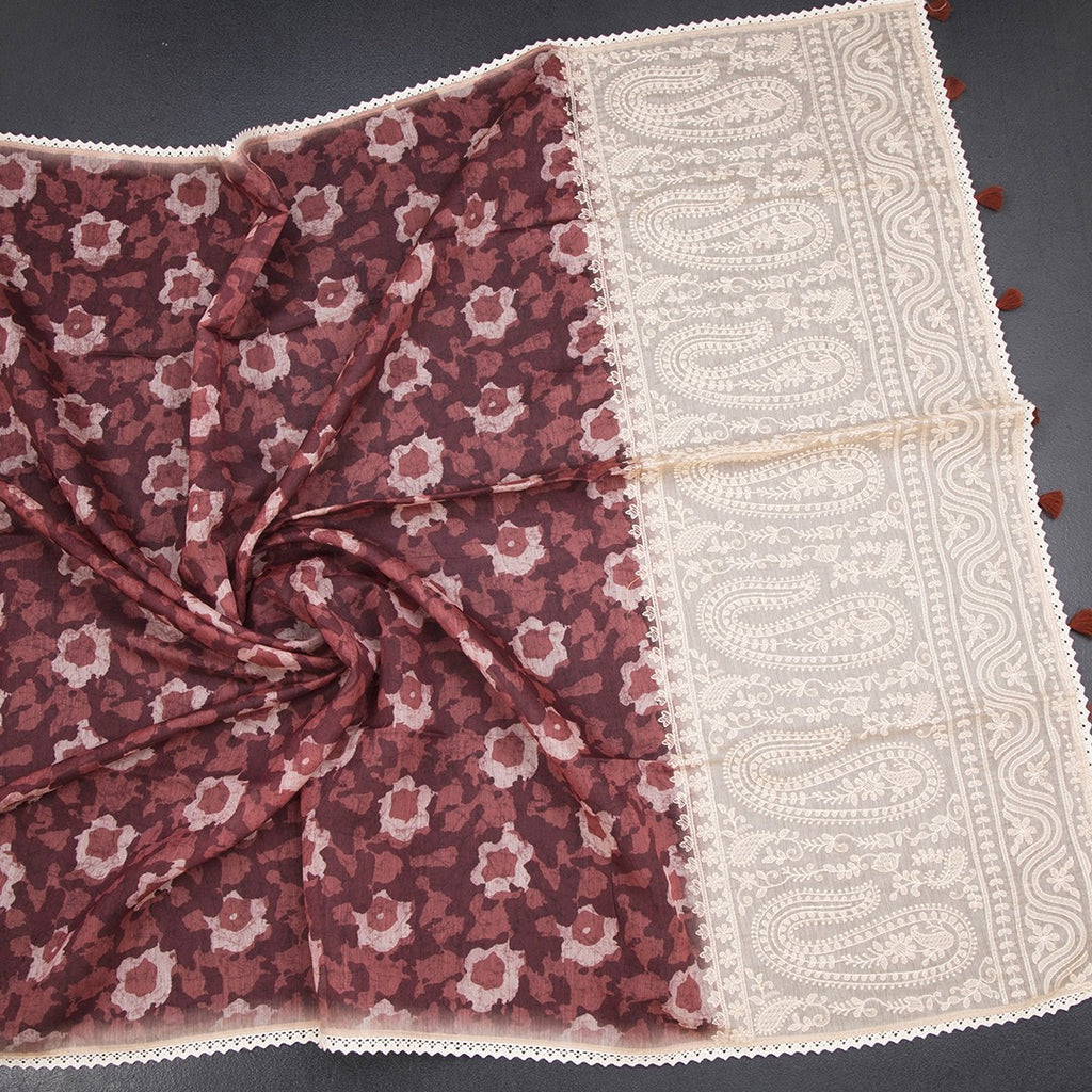 Semi Linen Maroon Printed Saree And Thread Pallu