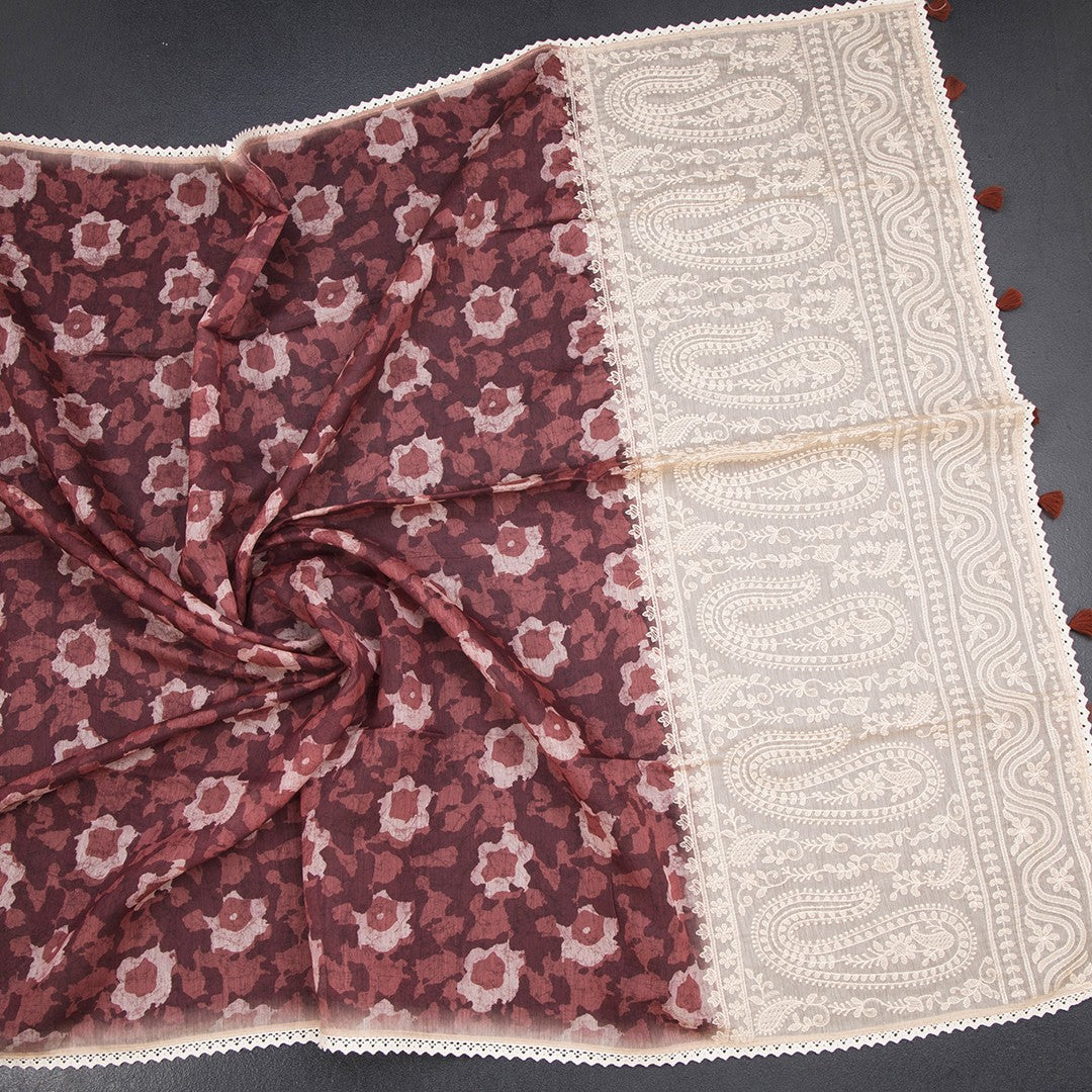 Semi Linen Maroon Printed Saree And Thread Pallu