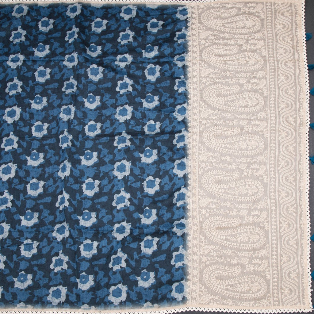 Semi Linen Peacock Blue Printed Saree And Thread Pallu