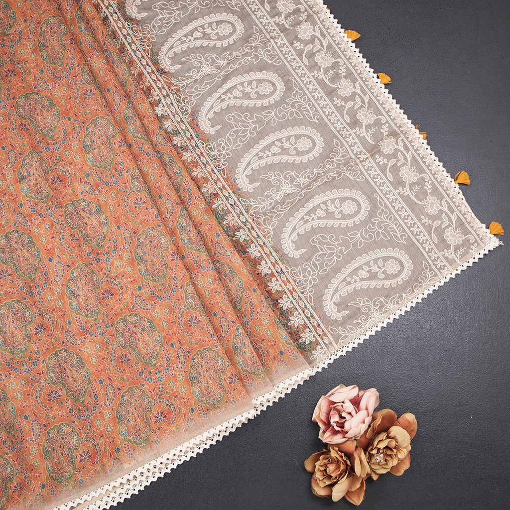 Semi Linen Orange Printed Saree And Thread Pallu