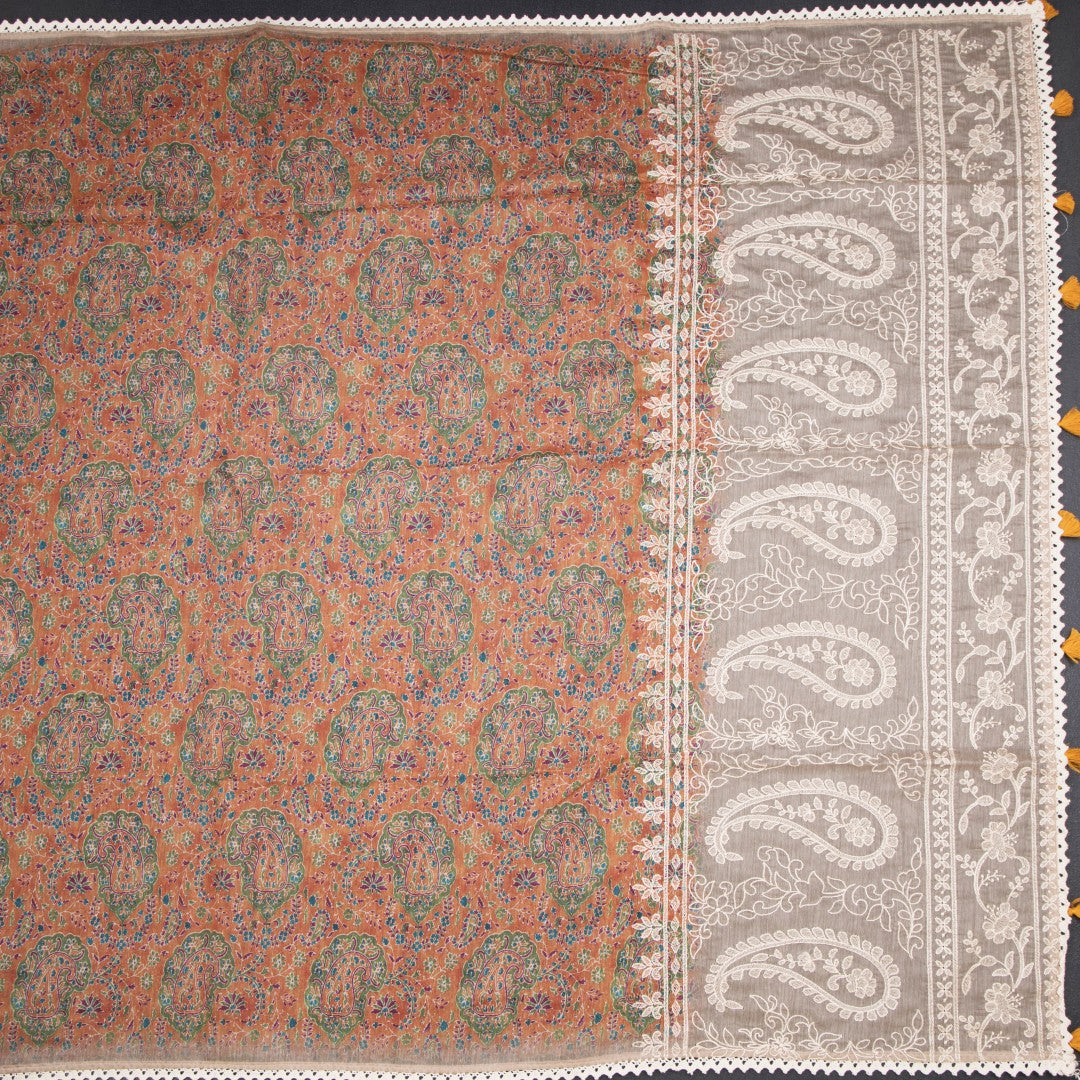 Semi Linen Orange Printed Saree And Thread Pallu