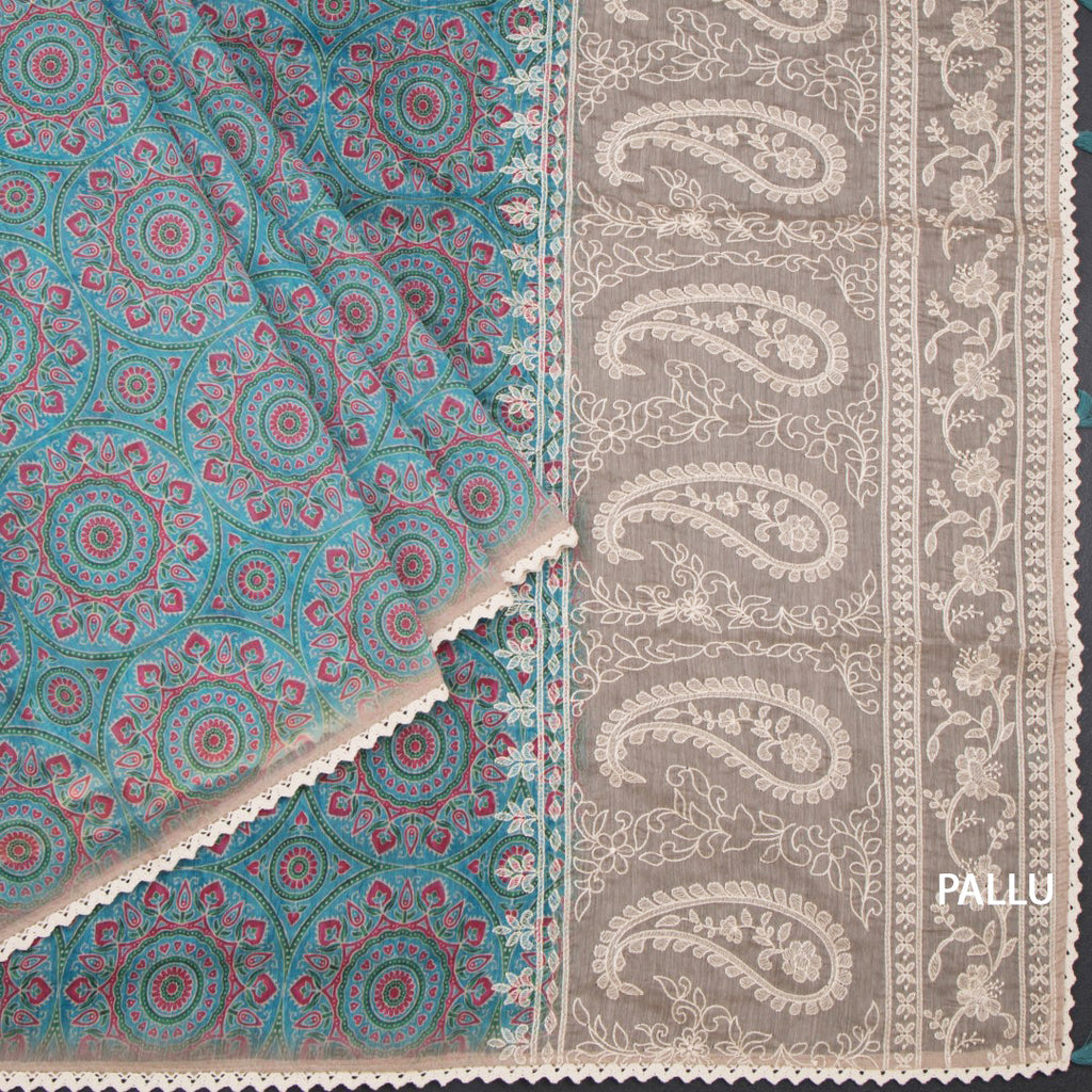 Semi Linen Peacock Blue Printed Saree And Thread Pallu 02