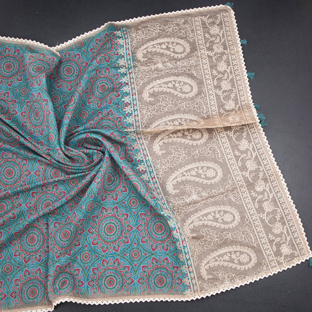 Semi Linen Peacock Blue Printed Saree And Thread Pallu 02