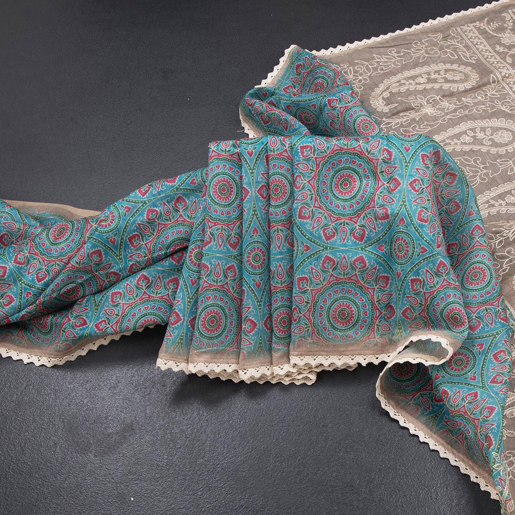 Semi Linen Peacock Blue Printed Saree And Thread Pallu 02