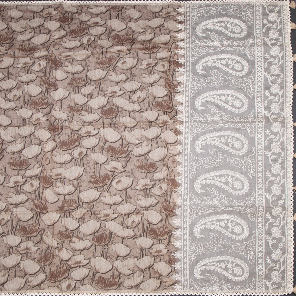 Semi Linen Light Brown Printed Saree And Thread Pallu