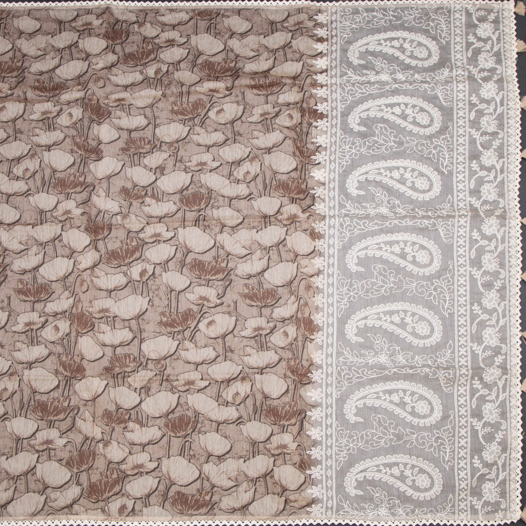 Semi Linen Light Brown Printed Saree And Thread Pallu
