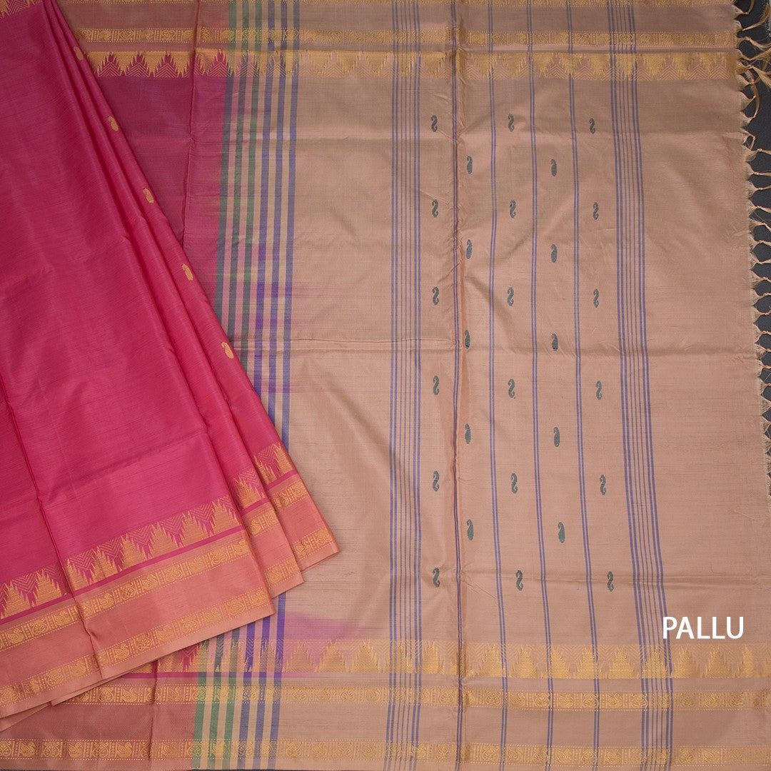 Vaazhai Naar Rose Pink Saree With Thread Buttas And Contrast Pallu
