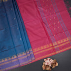 Vaazhai Naar Peacock Blue Saree With Thread Buttas And Contrast Pallu 03