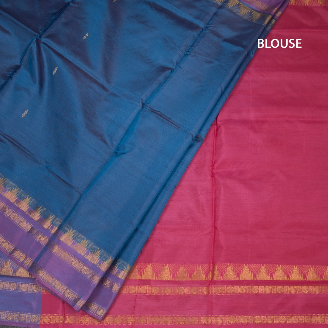 Vaazhai Naar Peacock Blue Saree With Thread Buttas And Contrast Pallu 03