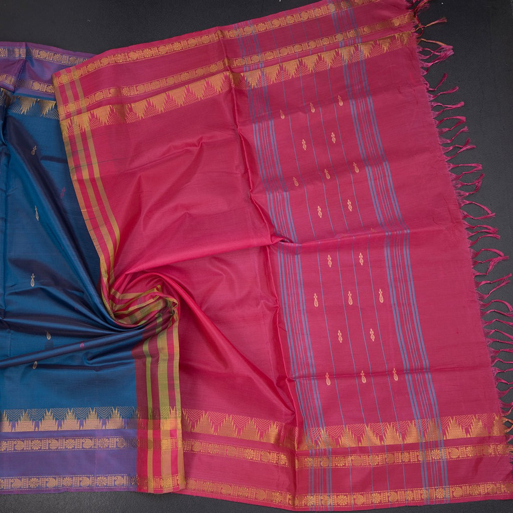 Vaazhai Naar Peacock Blue Saree With Thread Buttas And Contrast Pallu 03