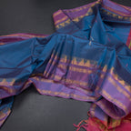 Vaazhai Naar Peacock Blue Saree With Thread Buttas And Contrast Pallu 03