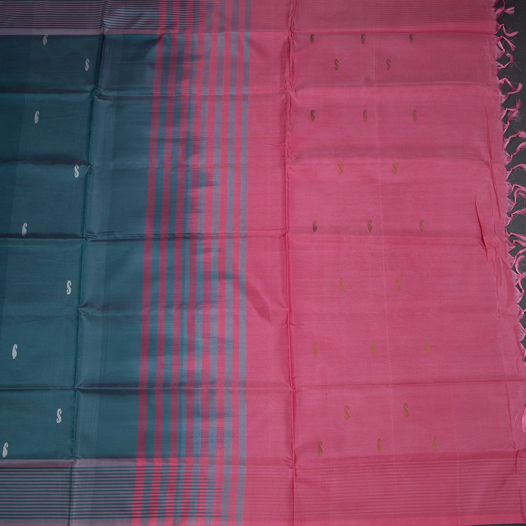 Vaazhai Naar Teal Green Saree With Thread Buttas And Contrast Pallu