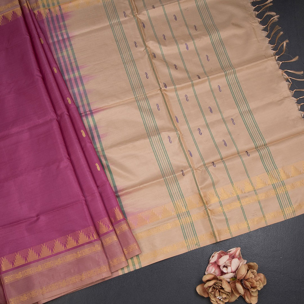 Vaazhai Naar Rose Pink Saree With Thread Buttas And Contrast Pallu 02
