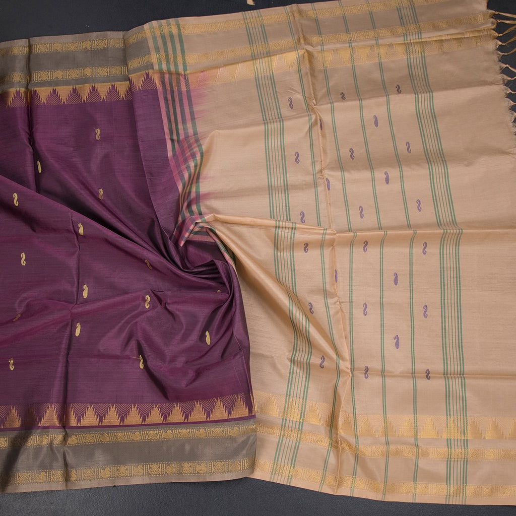 Vaazhai Naar Purple Saree With Thread Buttas And Contrast Pallu 04