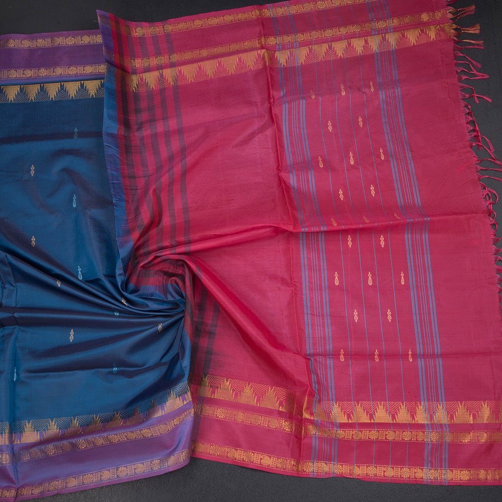 Vaazhai Naar Peacock Blue Saree With Thread Buttas And Contrast Pallu 02