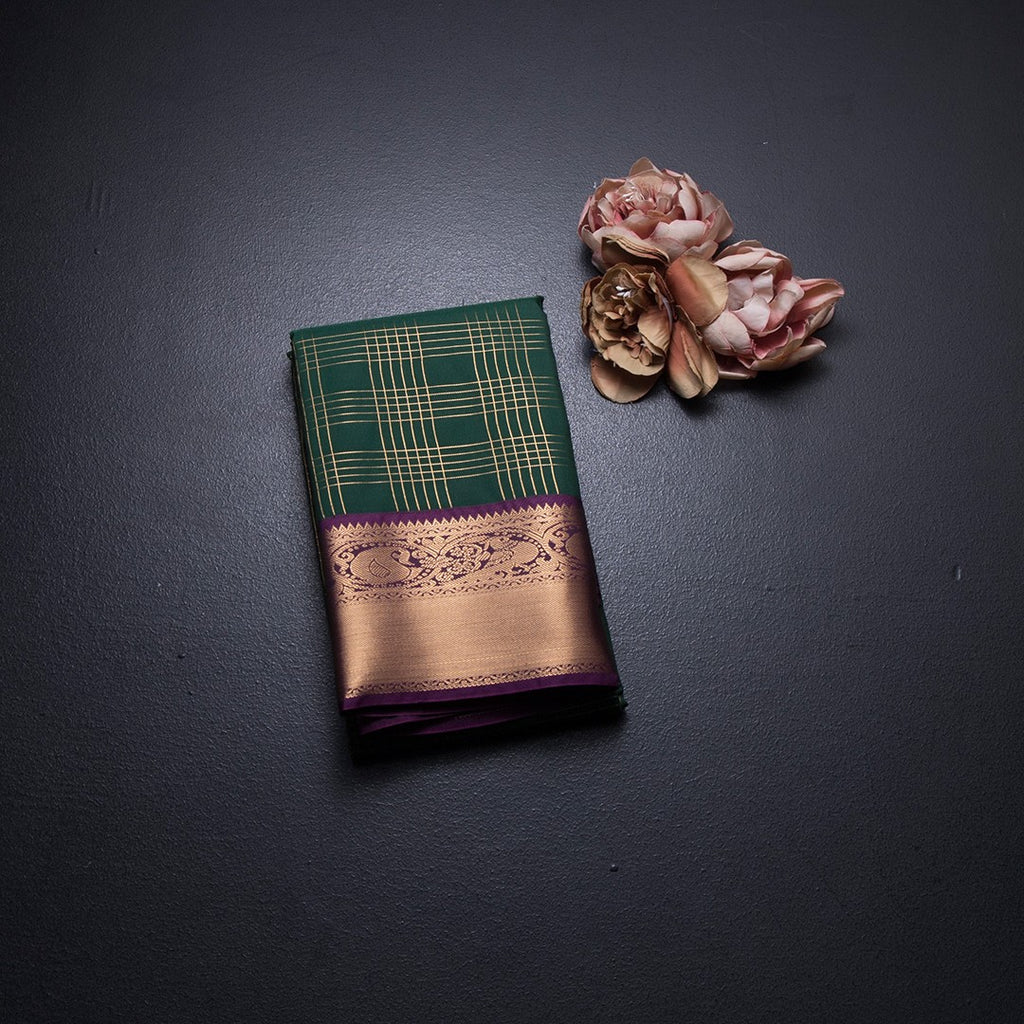 Art Silk Dark Green Zari Checked Saree