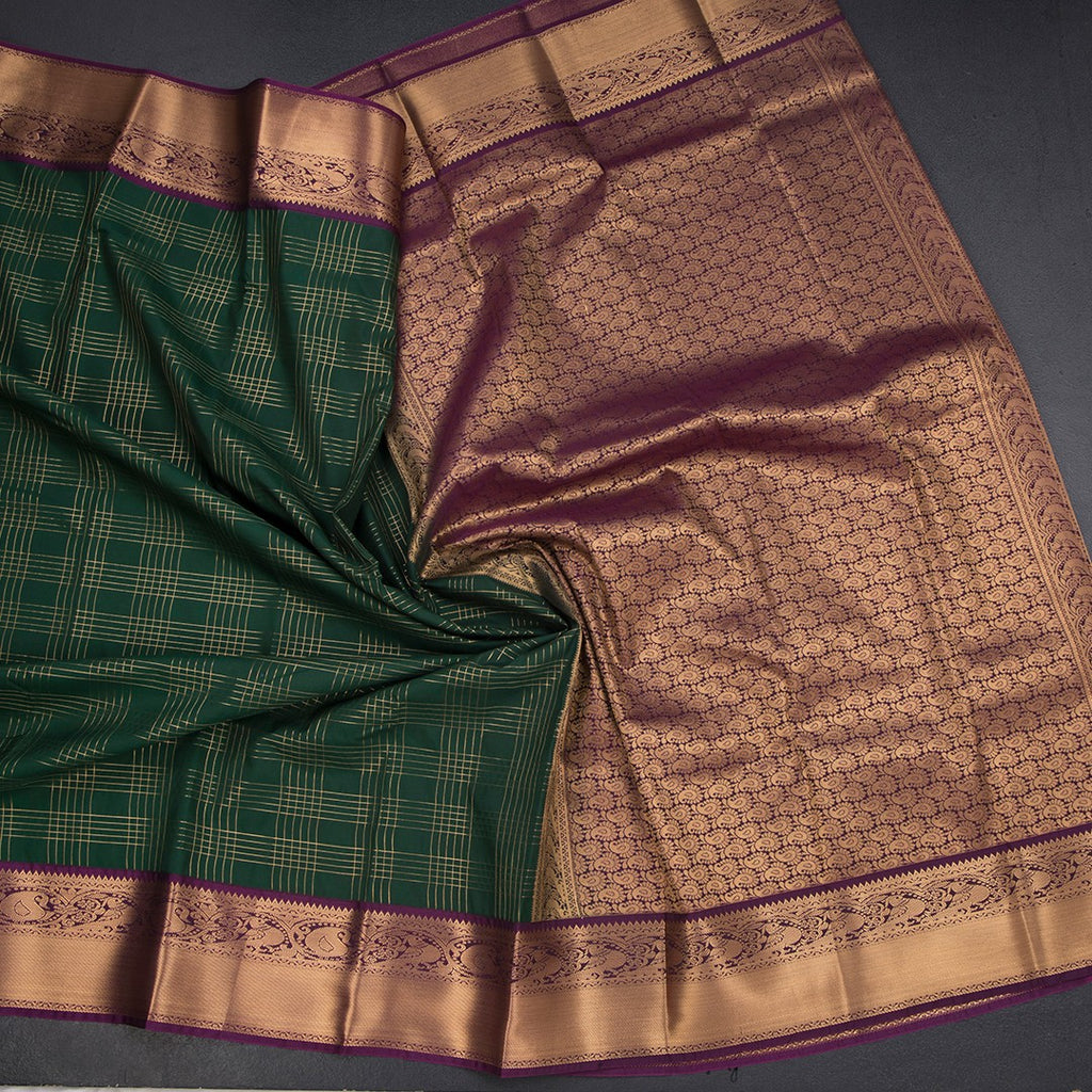 Art Silk Dark Green Zari Checked Saree