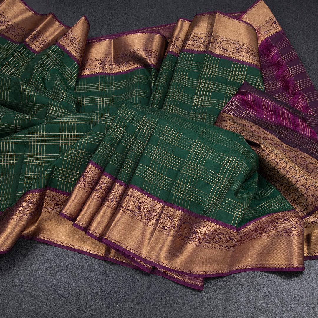 Art Silk Dark Green Zari Checked Saree