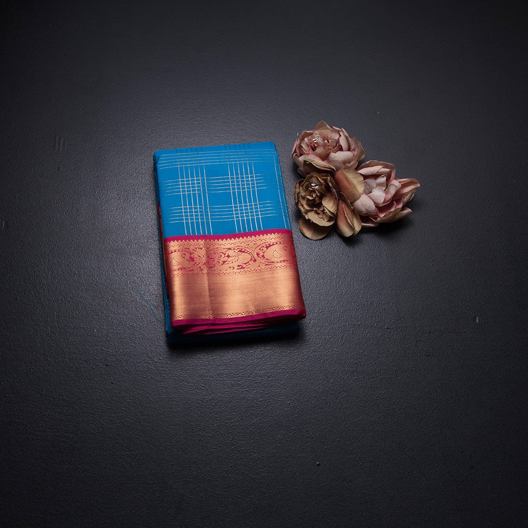 Art Silk Blue Zari Checked Saree
