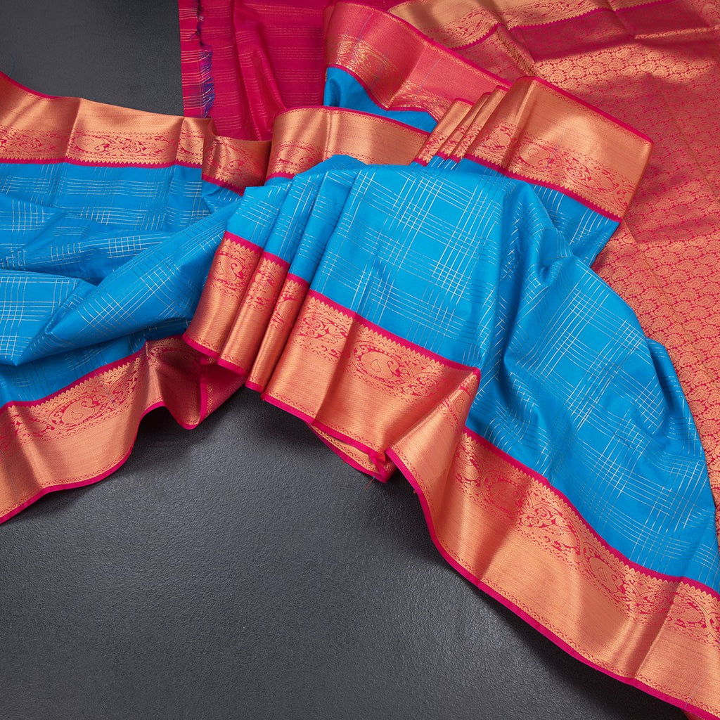 Art Silk Blue Zari Checked Saree