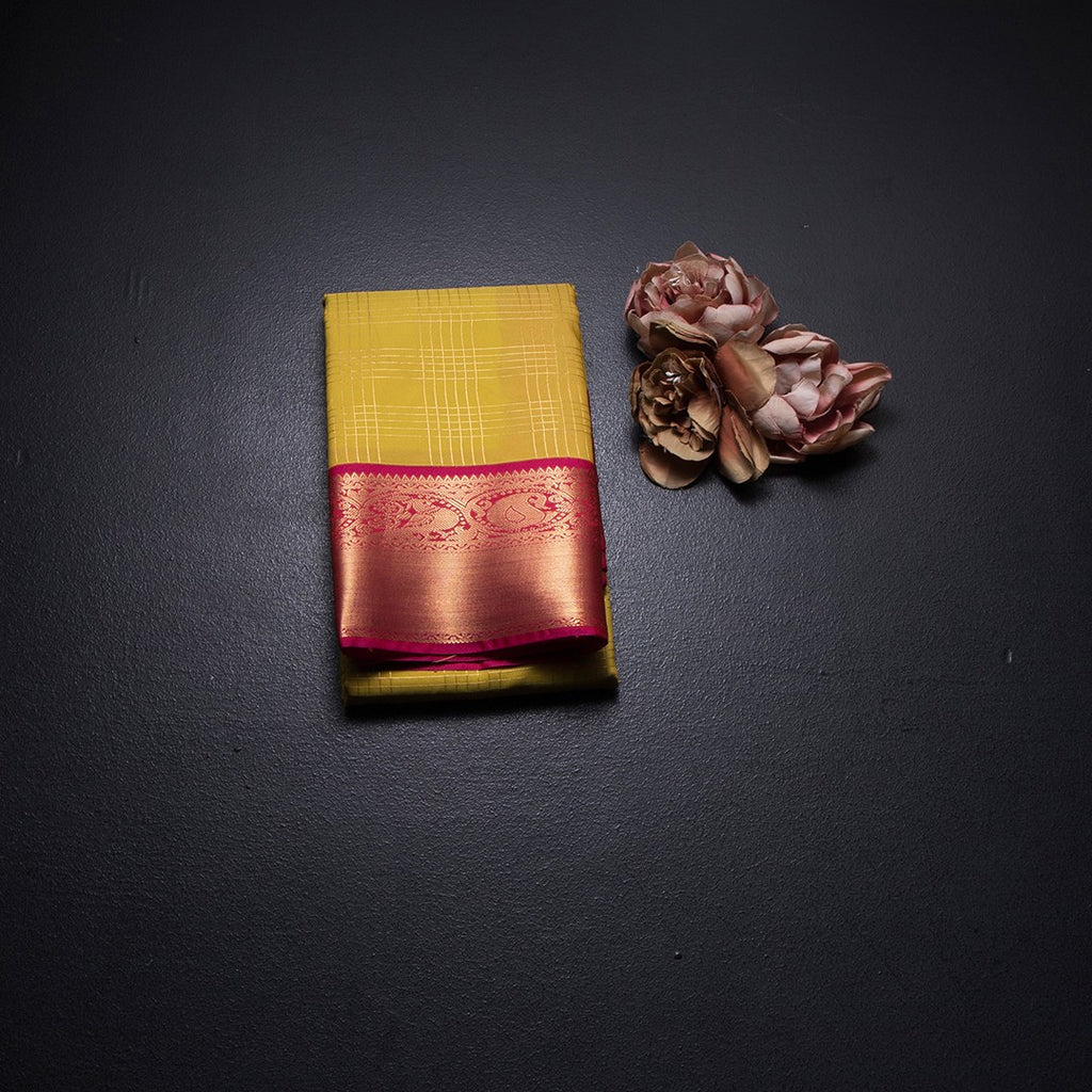 Art Silk Yellow Zari Checked Saree