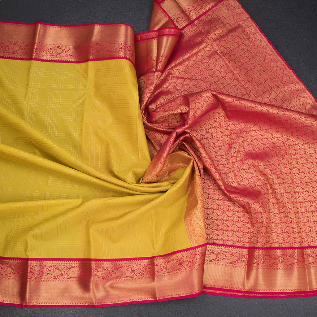 Art Silk Yellow Zari Checked Saree