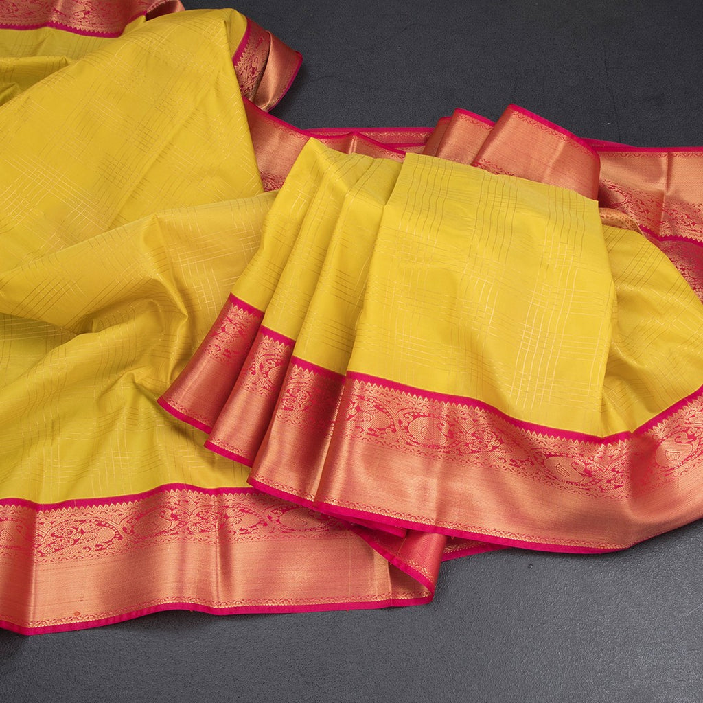 Art Silk Yellow Zari Checked Saree