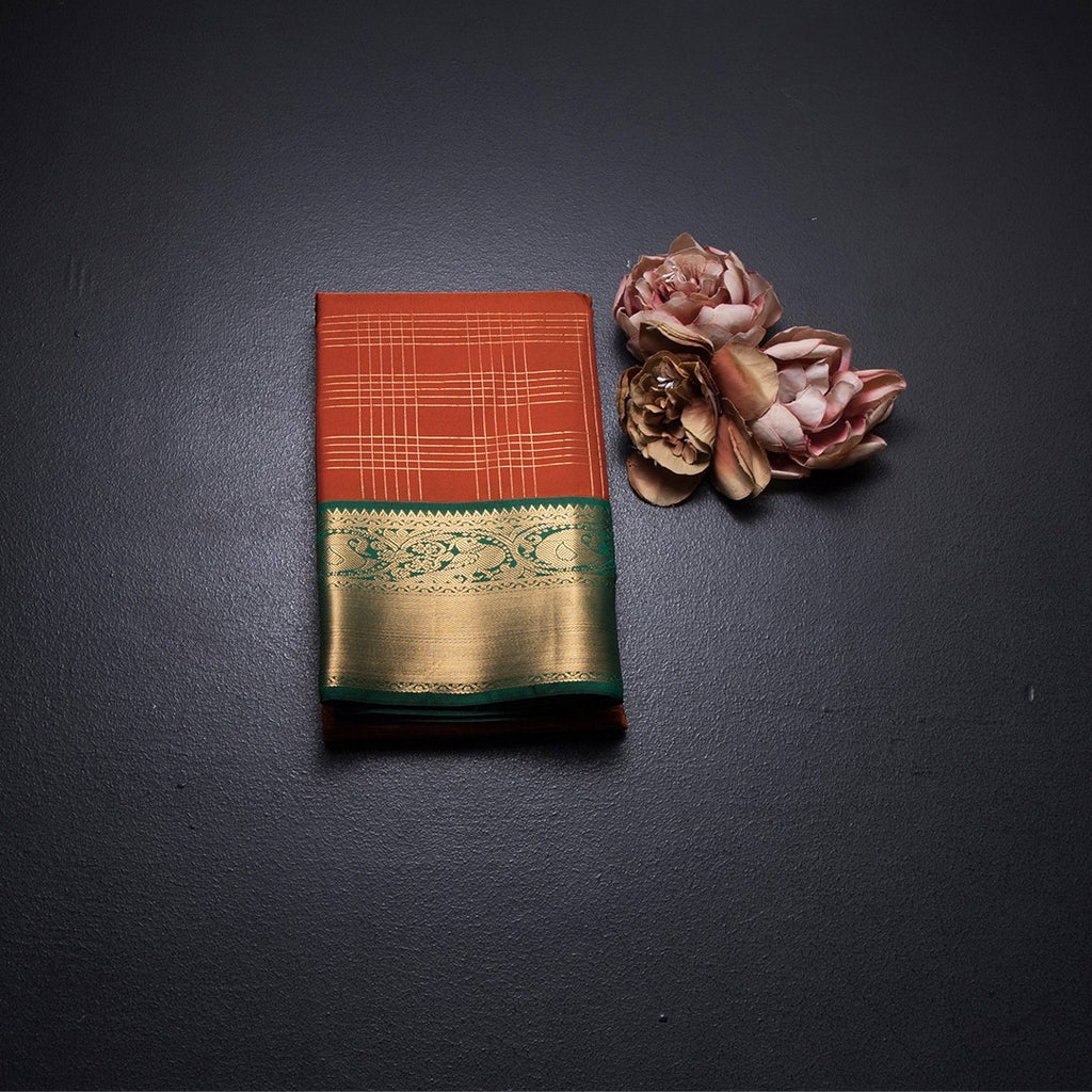 Art Silk Rust Orange Zari Checked Saree