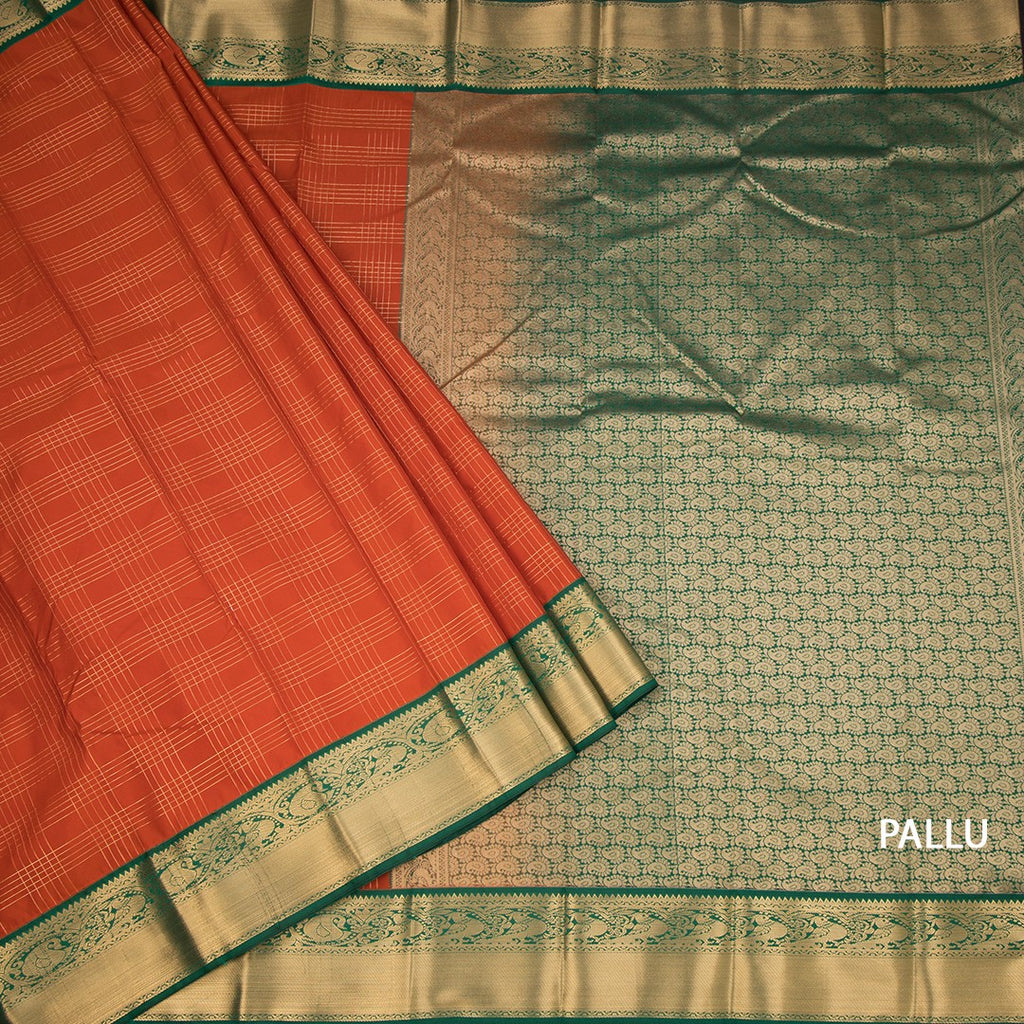 Art Silk Rust Orange Zari Checked Saree