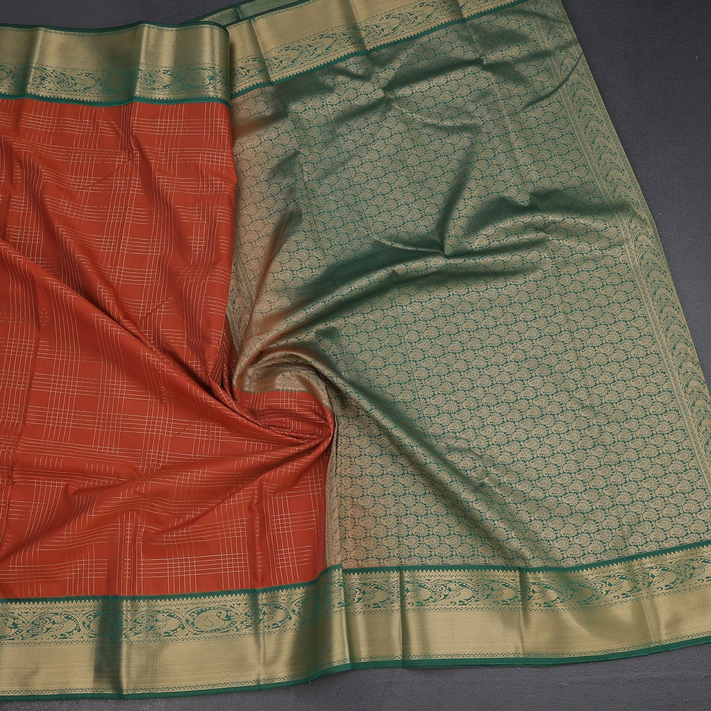 Art Silk Rust Orange Zari Checked Saree