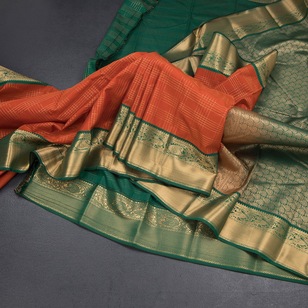 Art Silk Rust Orange Zari Checked Saree