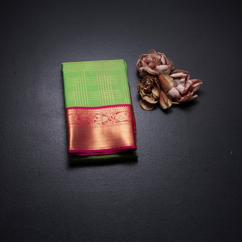 Art Silk Parrot Green Zari Checked Saree