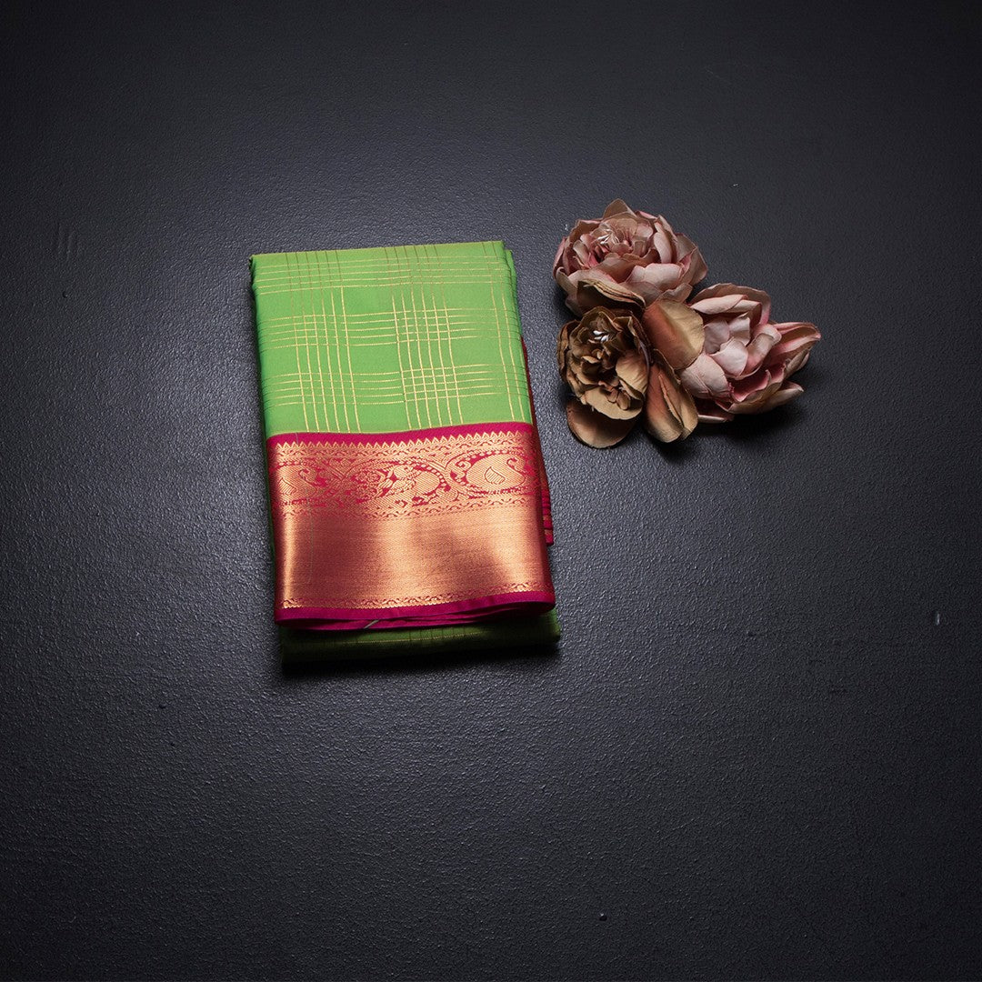 Art Silk Parrot Green Zari Checked Saree