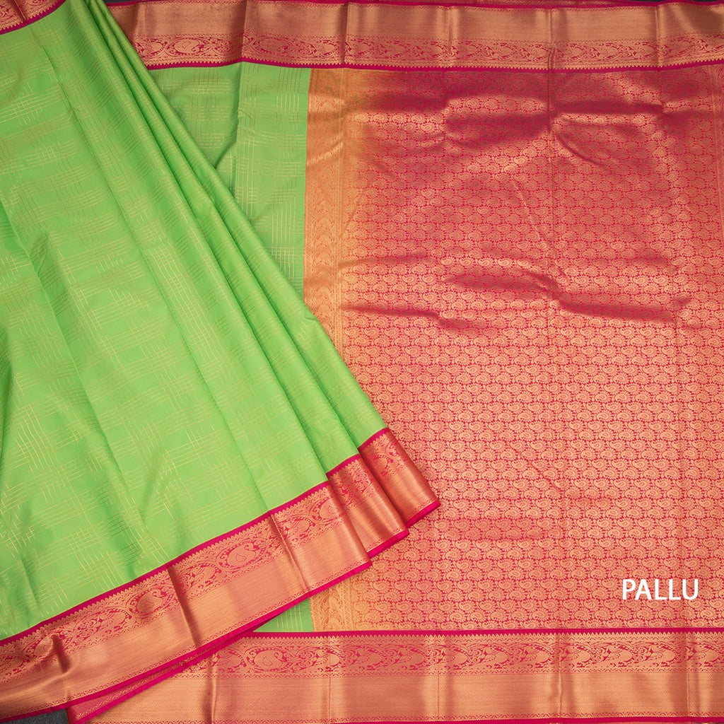 Art Silk Parrot Green Zari Checked Saree