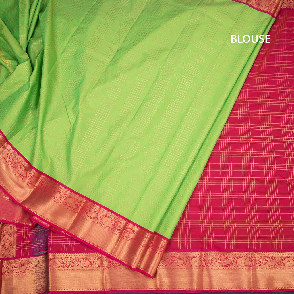 Art Silk Parrot Green Zari Checked Saree