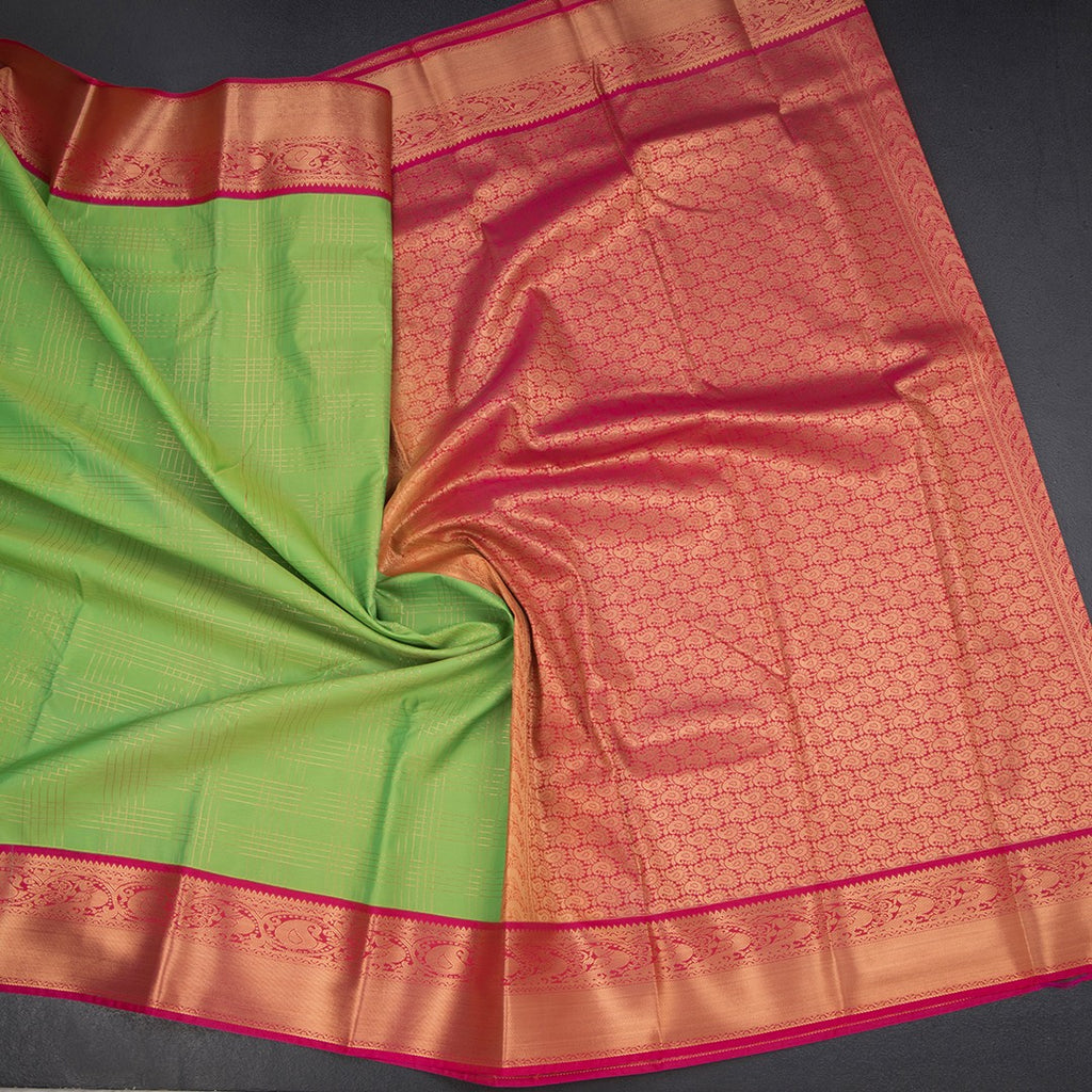 Art Silk Parrot Green Zari Checked Saree