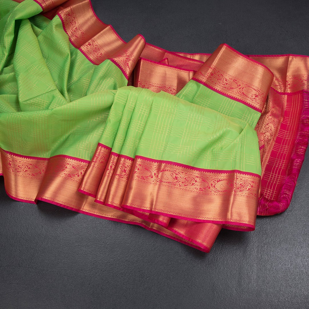 Art Silk Parrot Green Zari Checked Saree