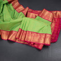 Art Silk Parrot Green Zari Checked Saree
