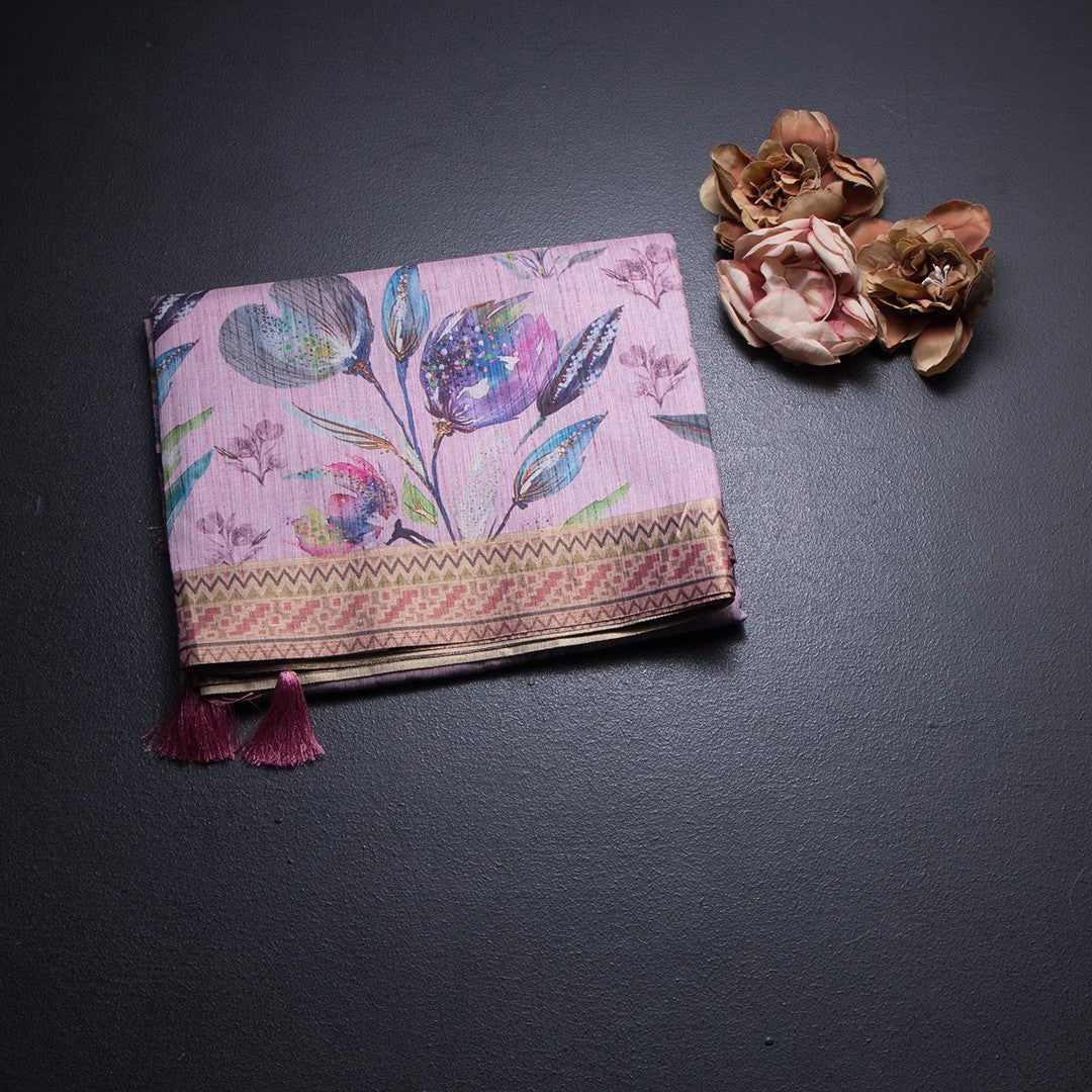 Semi Raw Silk Taffy Pink Floral Printed Saree