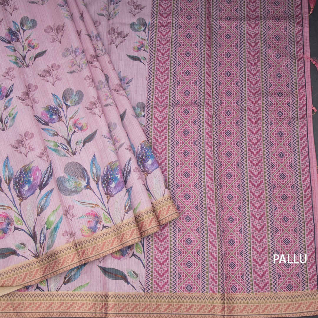 Semi Raw Silk Taffy Pink Floral Printed Saree