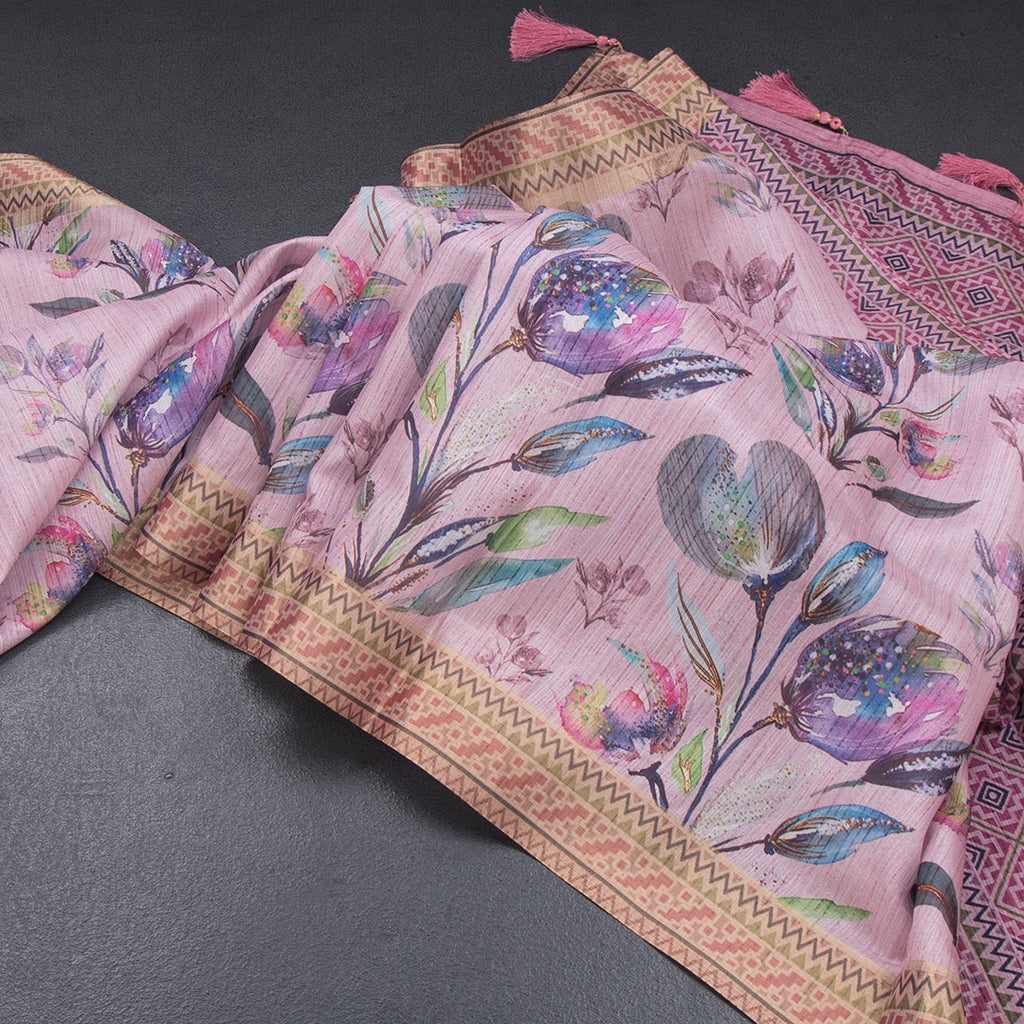 Semi Raw Silk Taffy Pink Floral Printed Saree