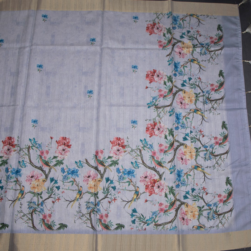 Semi Raw Silk Grey Printed Saree In Tree Design