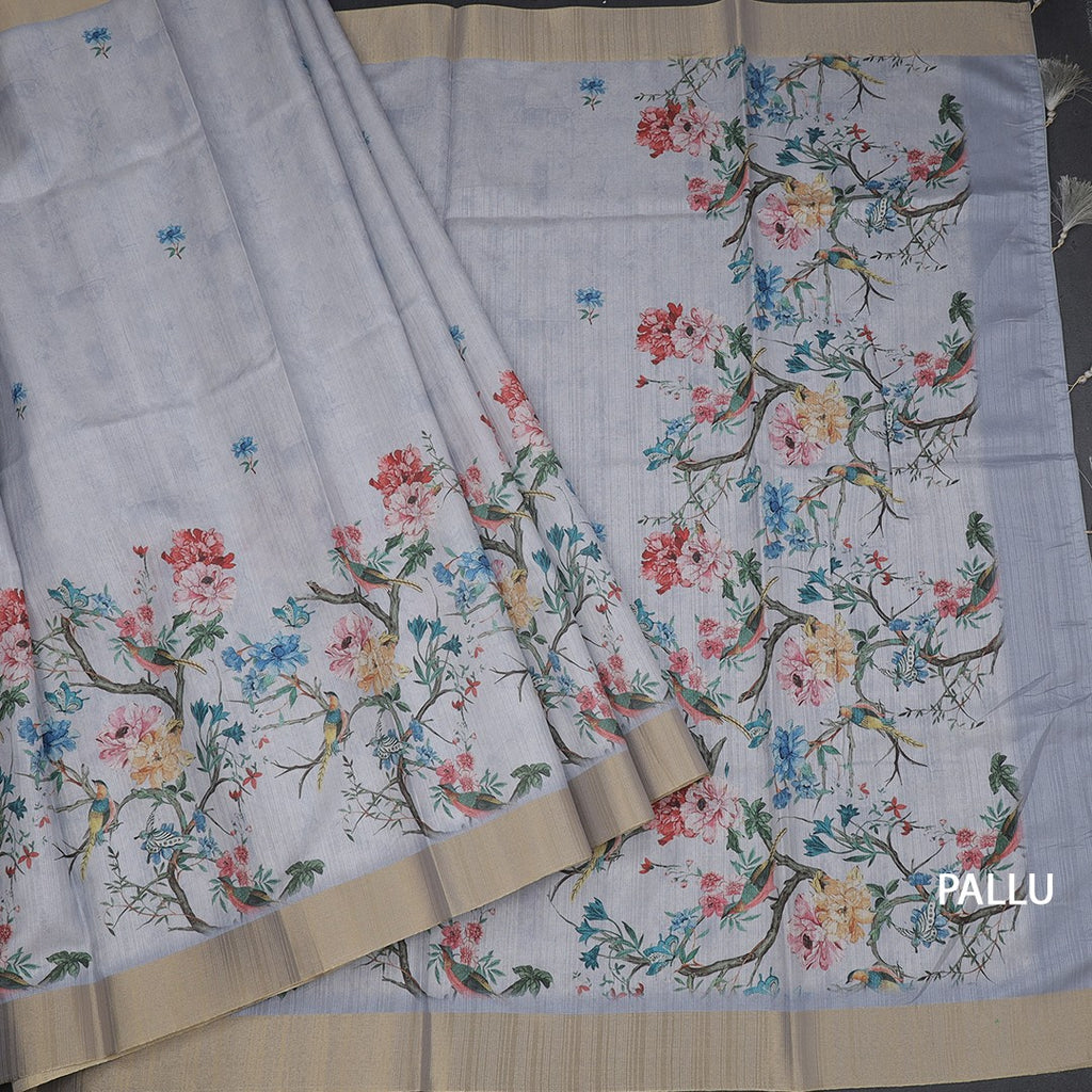 Semi Raw Silk Grey Printed Saree In Tree Design