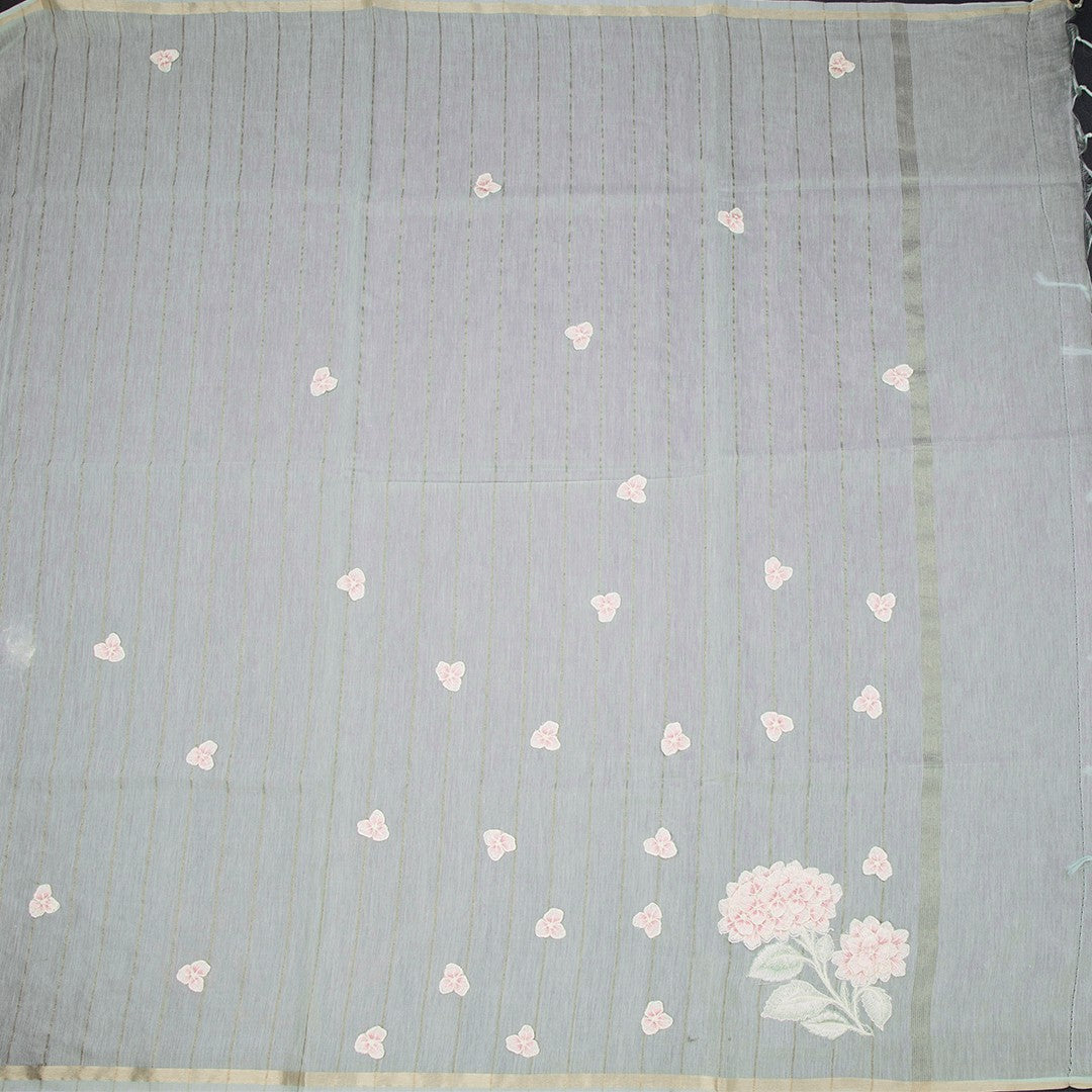 Raw Silk Mint Green Stripes With Floral Thread Work Saree