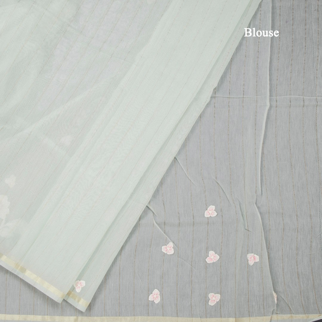 Raw Silk Mint Green Stripes With Floral Thread Work Saree