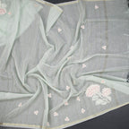 Raw silk mint green saree with floral thread work and striped pattern from Shriyara Life.