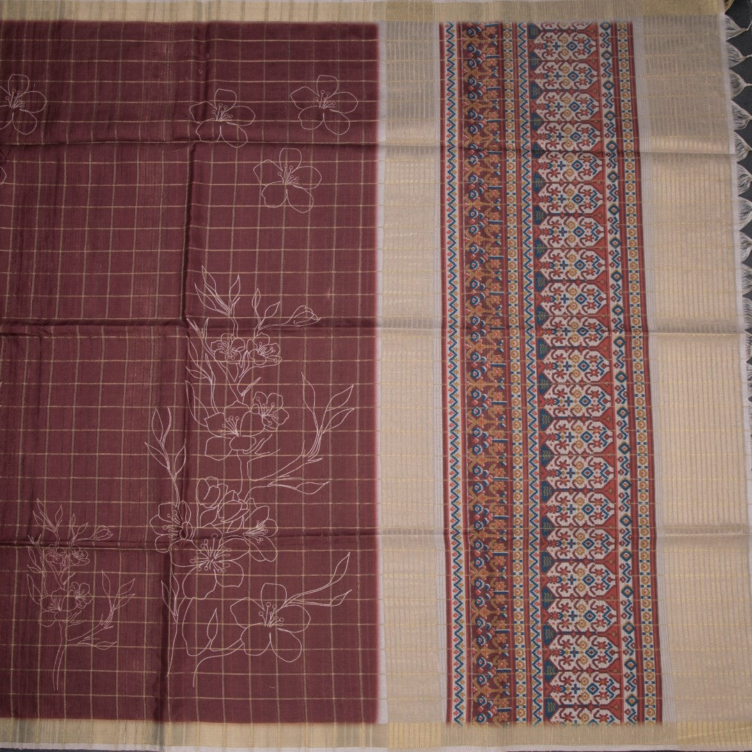 Raw Silk Maroon Checks With Printed Saree