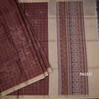 Raw Silk Maroon Checks With Printed Saree