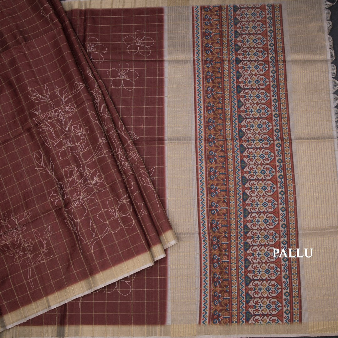 Raw Silk Maroon Checks With Printed Saree